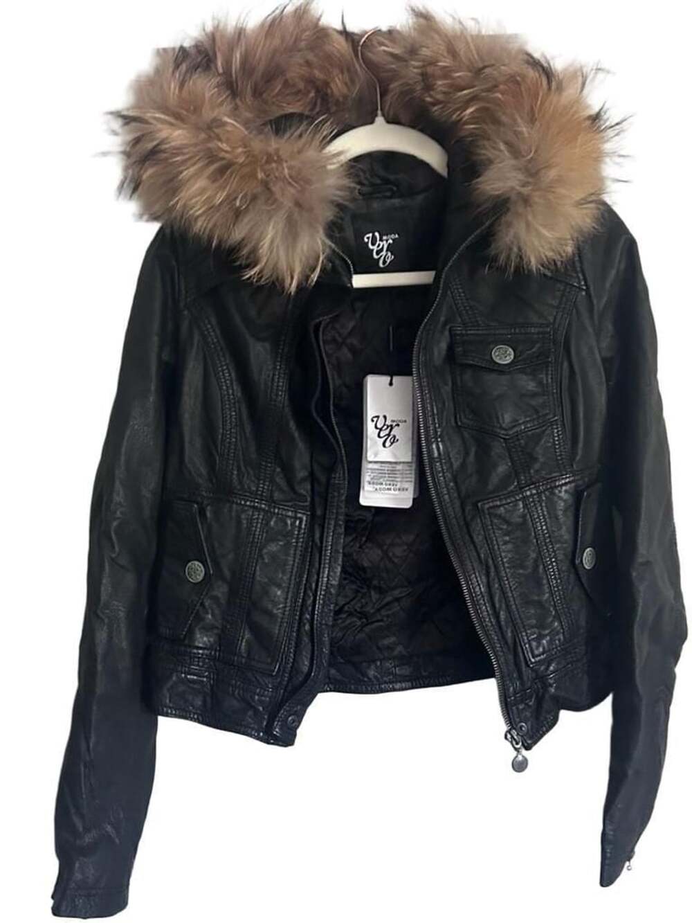 Vero Moda Dora Washed Short Leather Jacket Size S Black Fur Hood